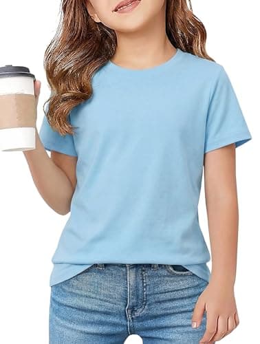 FREELYVE Girls Summer Short Sleeve T Shirts Casual Kids Tops Crewneck Tees Tween Girls Basic Clothes,Blue,12-13Y - Image 1