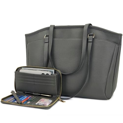 YZAOLL 15.6 Inch Laptop Tote Bag for Women,Water-resistant Vegan Leather with Anti-Scratch Padded Sleeve,Lightweight Multi-Pocket Work Bag for Business Travel,College,Office Essentials,DarkGrey - Image 1