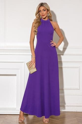STYLEWORD Women's Summer Halter Neck Long Semi Formal Dress Sexy Sleeveless Cocktail Evening Party Wedding Guest Maxi Dresses 2026(Purple,M) - Thumbnail 3