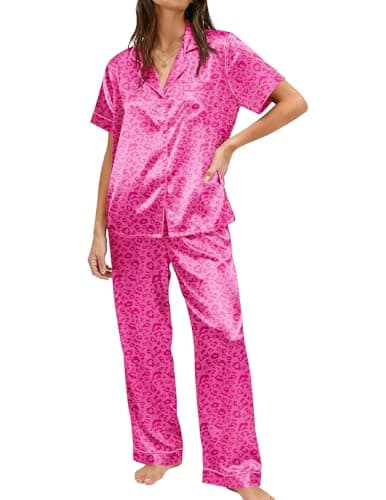 Ekouaer Womens Silky Satin Pajamas Set Short Sleeve Button Down Sleepwear 2 Piece Lounge Set Pj Set Hot Pink Leopard X-Large - Image 1