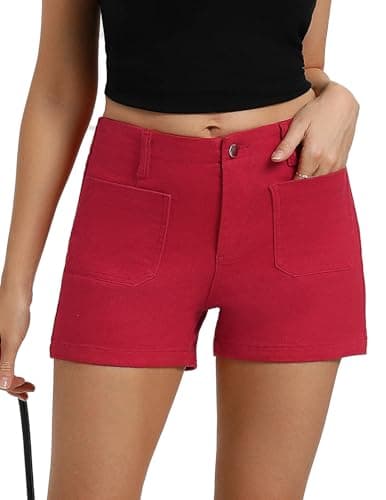 Belle Poque Women Jean Shorts Red High Waisted Micro Cargo Denim Shorts (Red, XL) - Image 1