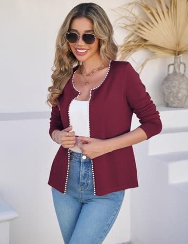 CiCiBird Women Lightweight Open Front Sweater Cardigan Pearls Trim Knit Jacket Trendy Long Sleeve Clothes Coatigan Burgundy M - Thumbnail 3