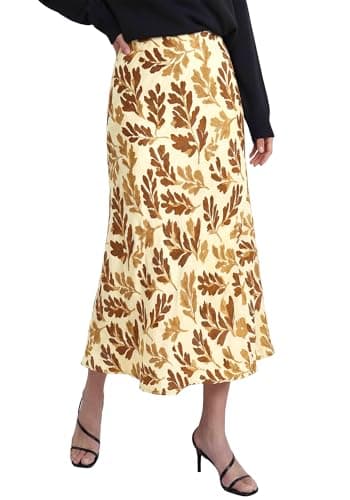 BTFBM Satin Skirts for Women 2025 Fall High Waisted A-Line Leopard Print Cocktail Wedding Long Silk Summer Midi Skirt(Floral Beige Brown Yellow, Large) - Image 1