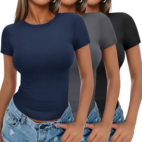 Ekouaer Basic Tees for Women Short Sleeve Shirts Crew Neck Slim Fit Tops Trendy Clothes Black/Dark Gray/Navy Blue L - Image 1