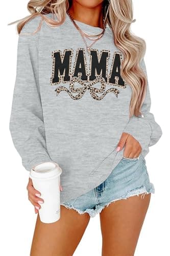 SFHFY Mama Crewneck Sweatshirt Women: Casual Mom Long Sleeve Shirt Bow Mama Letter Print Pullover Top A-gray - Image 1