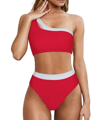 MOOSLOVER Women Cutout One Shoulder High Waisted Bikini High Cut Two Piece Swimsuits(XL,Red White-21) - Image 1