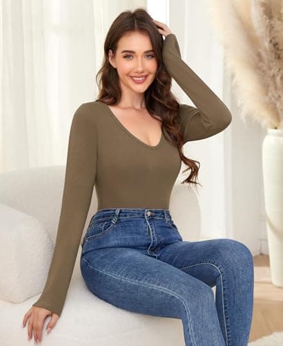 Ganado Long Sleeve Shirts for Women V Neck Thermal Shirt Layering Undershirts Plain Fitted Basic Tops (Light Brown, Small) - Thumbnail 3