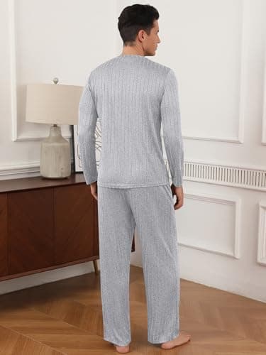 RQP Men's Pajama Set Ribbed Lounge Wear Silky Smooth 2 Piece Sleepwear,Stretch Home Outfits for Men,Grey - Thumbnail 6