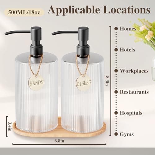 18Oz Soap Dispenser Set with Black Stainless Steel Pump & Wood Tray - Vertical Stripe Design Refillable for Dish Soap & Hand Soap, Fits Kitchen & Bathroom Countertops - Thumbnail 2