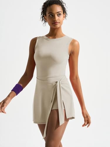 Dokuritu Womens High Neck Tennis Dress Sleeveless Wrap Skirt Built in Shorts Golf Athletic Dress Workout Rompers Light Apricot - Thumbnail 5