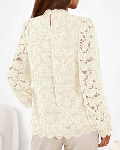 KIRUNDO Blouses for Women Dressy Casual Lace Long Sleeve Tops Mock Neck Ruffle Shirts 2026 Spring Fall Fashion Clothing(Apricot, Small) - Thumbnail 2