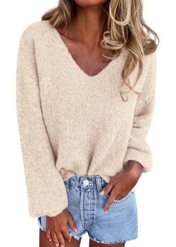 KIRUNDO Sweaters for Women Fall 2026 Oversized V Neck Cozy Cute Casual Long Sleeve Knit Pullover Trendy Winter Clothing(Beige, Medium) - Image 1
