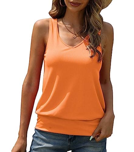 Hongqizo Women Tank Top Summer V Neck Ribbed Casual Tops Sleeveless Loose Fit Banded Bottom Camisole Orange - Image 1