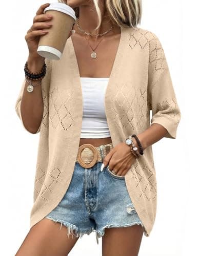 Zeagoo Womens 2026 Lightweight Crochet Cardigan Sweaters Open Front 3/4 Sleeve Knit Kimono Summer Boho Cover Up Beige - Image 1