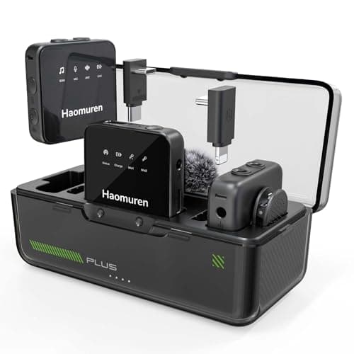 Haomuren Wireless Lavalier Microphone, Dual-TX Mini Lapel Mic for iPhone & Android, Noise Reduction, Compatible with iPad, Tablet & PC, Plug & Play for Camera Recording, Video & Vlog (Dark Black)