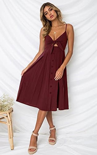 ECOWISH Women 2024 Summer Dresses Tie Front V-Neck Spaghetti Strap Button Down A-Line Backless Swing Midi Dress 572 Wine Red L - Thumbnail 2