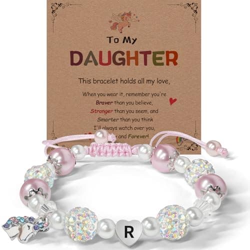 To My Daughter Unicorn Initial Bracelet, Pink Braided Bracelet with Stainless Steel Heart Initial & Unicorn Charm, in Premium Silver Gift Box, Adjustable Jewelry for Girls - Image 1