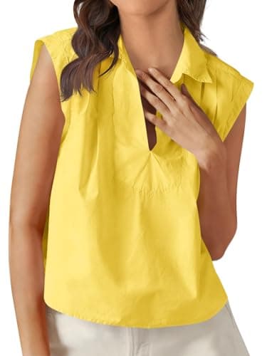 Tankaneo Womens Summer V Neck Tank Tops Collared Sleeveless Shirts Trendy Casual Loose Fit Blouse Yellow - Image 1
