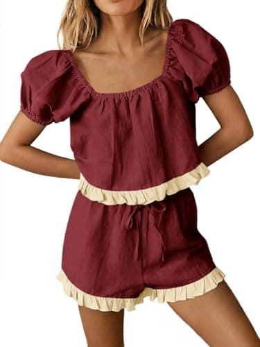 Tankaneo Womens 2 Piece Short Sets Summer Puff Sleeve Square Neck Babydoll Tops Cute Lounge Set Cotton Vacation Outfits - Image 1