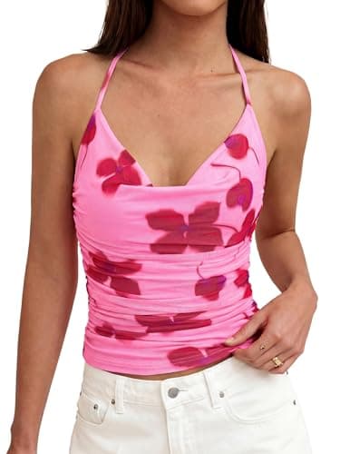 MASCOMODA Summer Floral Cowl Neck Halter Tops for Women Trendy Going Out Sexy Boho Mesh Backless Cute Y2k Vaction Outfits(Pink Red Flower,X-Small) - Image 1