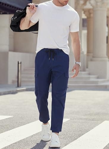 JMIERR Men's Fashion Cargo Pants - Casual Cotton Tapered Stretch Twill Chino Athletic Joggers Sweatpants Lightweight Drawstring Workout Trousers Travel Pants with Pockets for Men, US 34(M), A Blue - Thumbnail 6