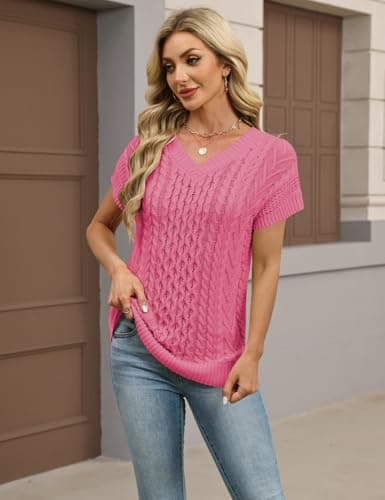 CiCiBird Women's Summer Cable Knit Sweater Vest V Neck Short Sleeve Pullover Top Trendy Loose Fit Pink XL - Thumbnail 5