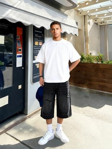 Heyfanee Mens Baggy Jorts Ripped Y2k Jean Shorts for Men Big and Tall Loose Fit Denim Shorts Men Streetwear Black 38 - Thumbnail 6