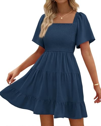 BTFBM Womens Summer Smocked Mini Dress Spring Square Neck Flutter Sleeve Casual Ruffle Swing Boho Beach Dresses Pockets(Dark Blue, X-Large) - Image 1