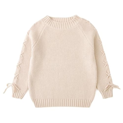Curipeer Girls Sweaters Crewneck Long Sleeve Lace Up Pullover Knit Tops 5 Years - Image 1