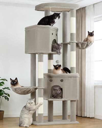 Extra Large Cat Tree, 84 Inch XXL Giant Cat Tower for Indoor Cats Large Adult 20lb+, Multi-Level Cat Climbing Condo with 5 Scratching Posts, 3 Wide Platform Perches, 2 Baskets, 2 Cat Caves, Light Grey - Image 1