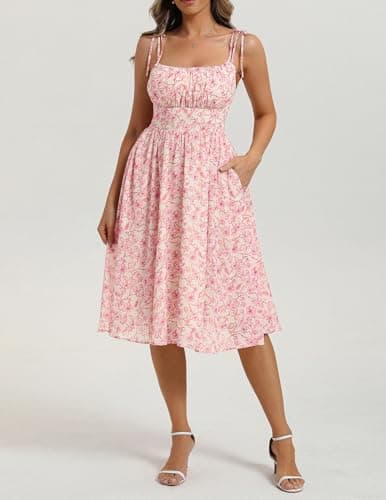 Belle Poque Pink Floral Dress for Women Spaghetti Strap Midi Sundress 2026 Summer Spring A line Casual Cute Dresses M - Thumbnail 3
