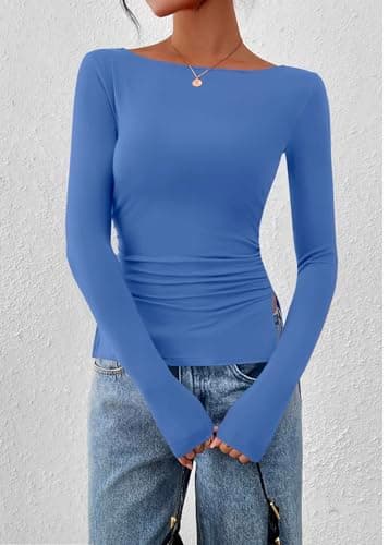 KIRUNDO Long Sleeve Going Out Tops for Women 2026 Spring Fall Casual Boat Neck Workout Shirts Fitted Side Slit Basic Tees(Blue, XX-Large) - Thumbnail 3