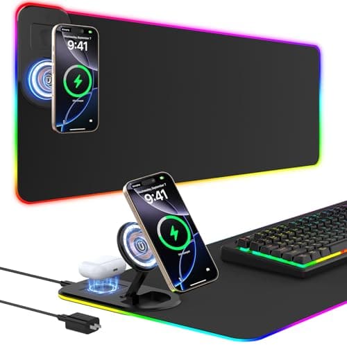 RGB Gaming Mouse Pad Wireless Charging Desk Mat with Foldable Phone Stand, Large LED Gaming Mat 800x350x4mm, 15 Light Modes, Waterproof, Keyboard Pad for PC Computer, Includes 20W PD Power Adapter - Image 1