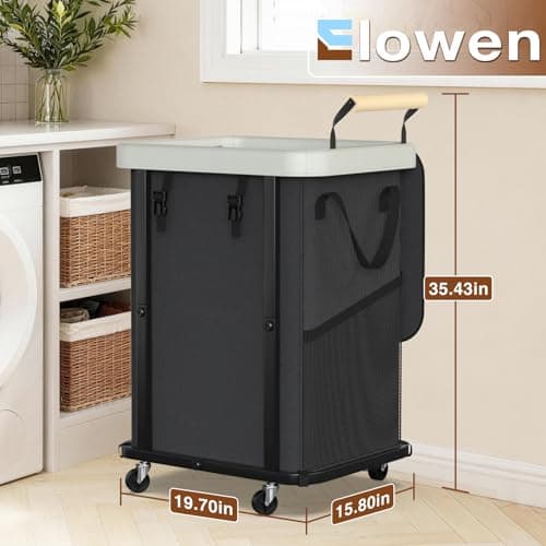 40 Gal (150L) Laundry Hamper with Lid,Leather Patchwork Laundry Baskets with Wheels and Handle,Dirty Clothes Hamper,Laundry Basket Organizer for Bedroom Aesthetic,Laundry Room,Dorm - Black Gray - Thumbnail 6