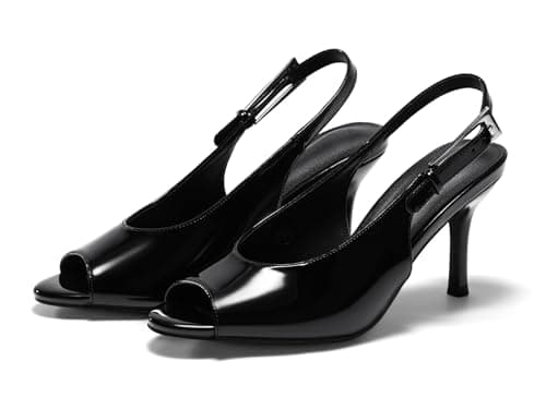 Coutgo Womens Slingback High Heels Open Peep Toe Sandals Buckle Wedding Party Dress Shoes, Black Patent Leather, Size 9 - Image 1