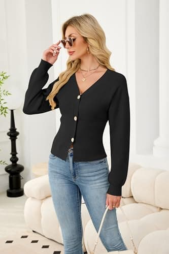 ECOWISH Cardigan Sweaters for Women 2025 Fall Long Sleeve V Neck Button Down Cropped Sweater Winter Ribbed Knit Outwear 475 Black S - Thumbnail 4