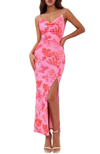 BTFBM Summer Dresses for Women 2026 Bodycon Spaghetti Strap Floral High Split Maxi Cocktail Wedding Guest Dress(Floral Pink Orange Red,Large) - Image 1