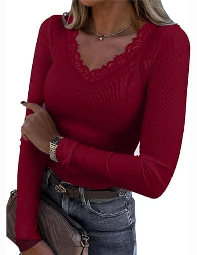 Womens Long Sleeve Tops Lace V Neck Ribbed Knit T Shirts Stretchy Slim Fit Autumn Casual Blouse - Image 1