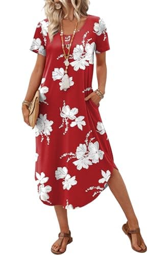 OFEEFAN Summer Dresses for Women 2026 Hawaiian Dresses Beach Vacation Midi Red Dress Floral Spring Break Outfits Lily Print S - Image 1