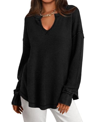 PRETTYGARDEN Long Sleeve Womens Tops Dressy Casual V Neck Waffle Knit Shirt Women Loose Fit Pullover Top with Side Slits (Black, X-Large) - Image 1