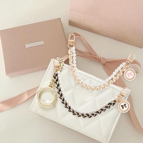 yuboo 2Pcs Pearl Purse Bag Charm, Adjustable Bag Strap Replacement with Bow Pendant for Handbags, Spring Purse Bag Chain for Handbag Making Supplies & DIY Accessories (Black/White) - Thumbnail 6