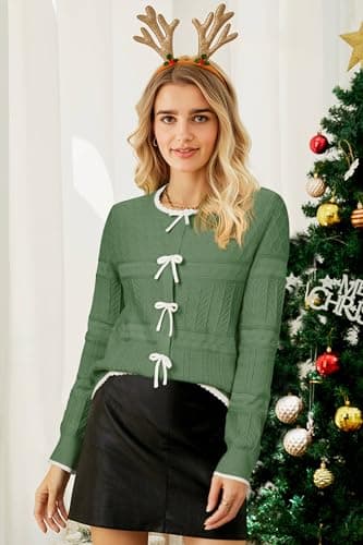 Arach&Cloz Bow Tie Front Button Down Cardigan Sweaters 2026 Spring Summer Womens Fashion Color Block Casual Long Sleeve Winter Ribbed Fall Knitted Outfits Textured Trendy Tops Dark Green XL - Thumbnail 5