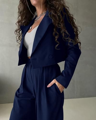 KIRUNDO Womens Blazers for Work Casual Long Sleeve Cropped Blazer Pleated Wide Leg Pants Sets 2 Piece Outfits Spring Fall Fashion Teacher Clothes(Navy, XX-Large) - Thumbnail 4