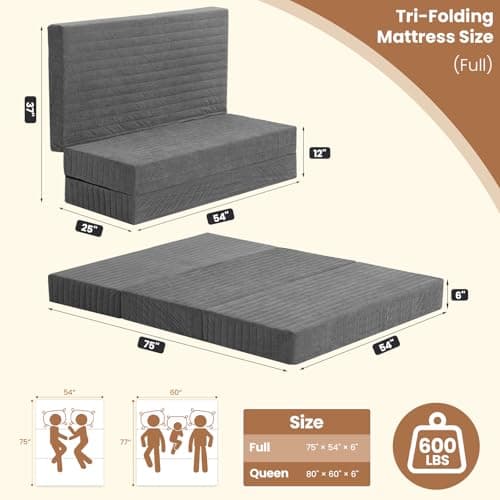 Erament 6-Inch Tri-Fold Mattress Full Size, Covertible Bed Floor Futon Mattress with Handles & Non-Slip Bottom, Foldable Mattress with Removable Tufted for Guest, Camping, Dorm - Thumbnail 2