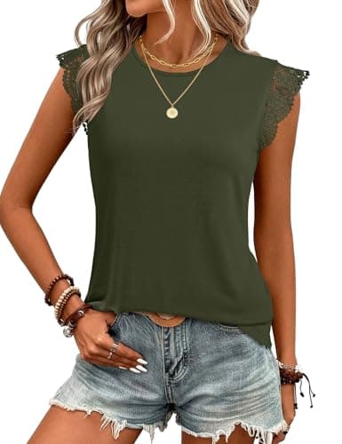 JUSTFASHIONNOW Womens Sleeveless Lace Trim Tops Flutter Ruffle Cap Sleeve Blouses Dressy Summer Casual T-Shirt Army Green - Image 1