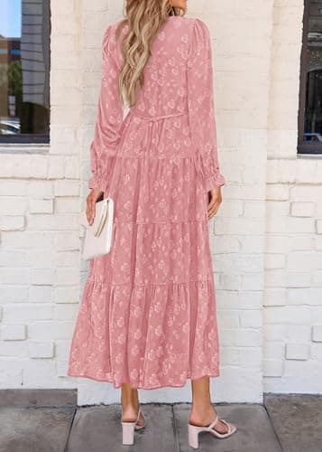 KIRUNDO Spring Wedding Guest Dresses for Women 2026 Maxi Floral Long Sleeve Elegant Ruffle Tiered Flowy Party Long Dress(Pink, Medium) - Thumbnail 2