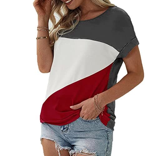 Womens Color Block Short Sleeve Tops Casual Summer T-Shirt - Thumbnail 2