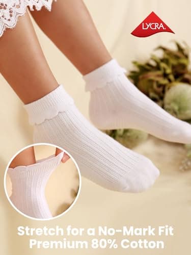ALLOVIN 6 Pairs Non-Slip Ruffle Lace Socks for Baby & Toddler Girls – Soft Cotton Grip Socks | Off-white | 3-5 Years - Thumbnail 6