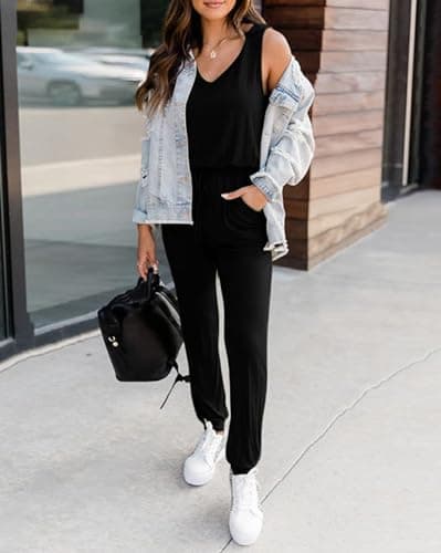 KIRUNDO Women 2026 Summer Jumpsuits Casual Sleeveless Drawstring Elastic Waist Romper Vacation Cruise Airport Travel Outfits(Black, Small) - Thumbnail 4