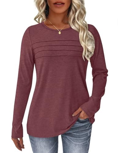 NORACORA Womens Long Sleeve Tops Spring Round Neck Dressy Shirts Tunic Pleated Tees Business Casual T-Shirts Fall Goning Out Outfits Wine Red XXL - Image 1